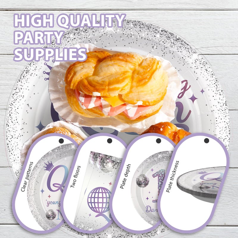 Grencian 96 Pcs Dancing Queen 17th Birthday Party Supplies Dancing Queen 17th Paper Plates and Napkins Disposable Silver Disco Party Tableware Set for Girls 17 Year Old Birthday Decorations Serves 24 - Image 5